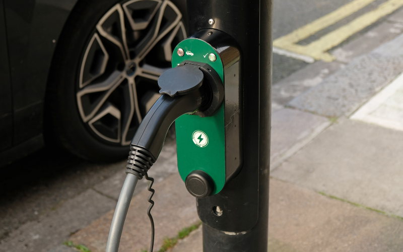 Close-up of a public charging station in town