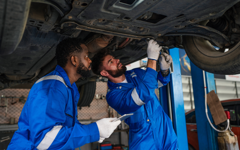 Two technicians performing an inspection underneath a vehicle