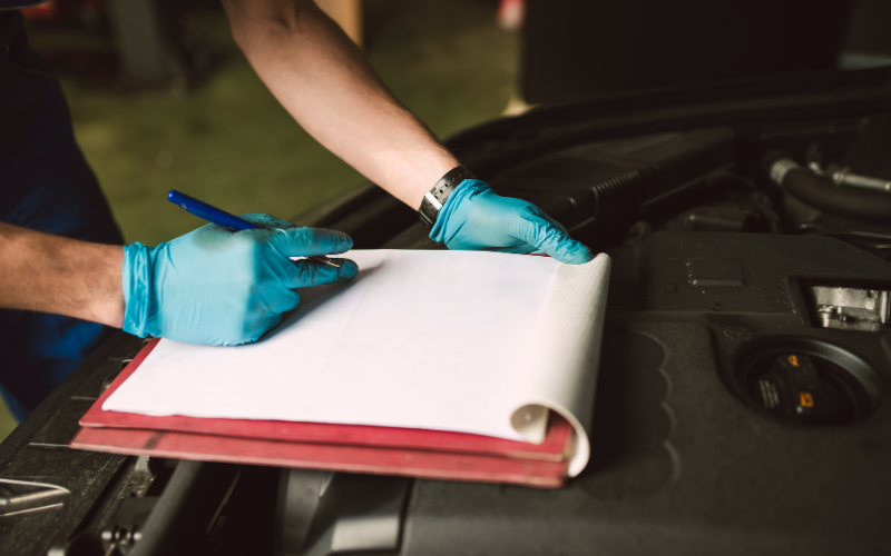 Mechanic making notes on condition of a vehicle using clipboard